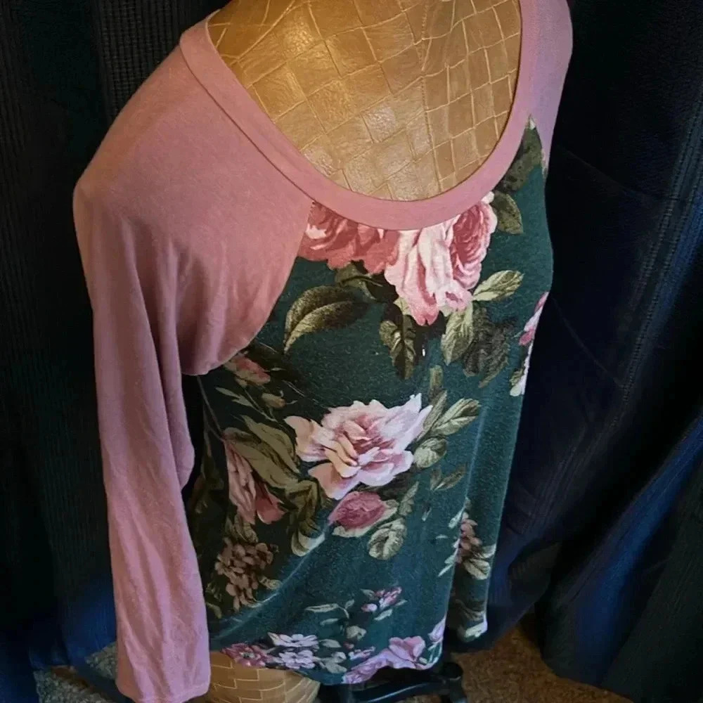a.gain Women Small Floral Raglan Baseball Tee Pink Green Long Sleeve Top
